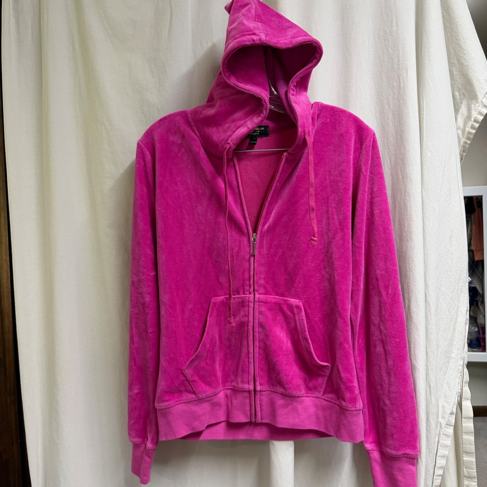 Juicy Couture Black Label Hot Pink Velour Rhinestone Logo Zip Up Hoodie XXL
